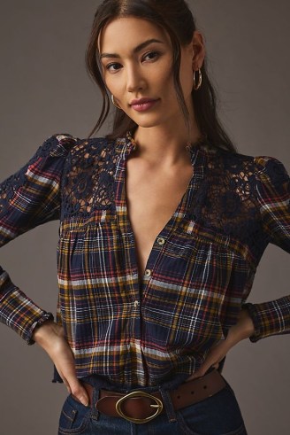 Pilcro Lace-Trimmed Blouse in Blue Motif / semi sheer checked blouses / pretty plaid tops