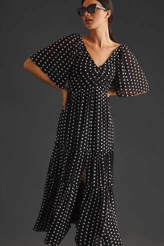 By Anthropologie Ruched Tiered Dress in Black / short flared sleeve spot print dresses / polka dot prints - flipped