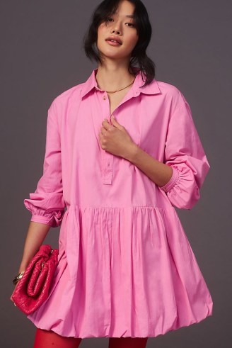 Maeve Bubble-Hem Shirt Dress in Pink / collared cotton dresses - flipped