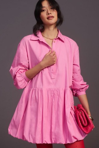 Maeve Bubble-Hem Shirt Dress in Pink / collared cotton dresses