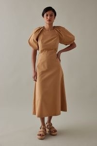 Anthropologie Ottilie Cut-Out Poplin Dress in Tan ~ womens cotton puff sleeve dresses ~ tie back statement bow