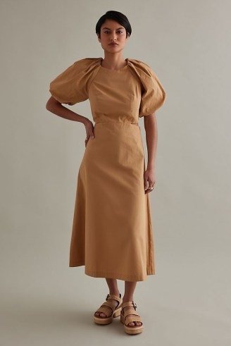 Anthropologie Ottilie Cut-Out Poplin Dress in Tan ~ womens cotton puff sleeve dresses ~ tie back statement bow - flipped