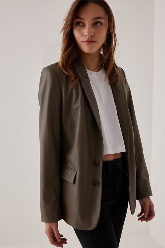 Anthropologie Faux Leather Blazer in Khaki – womens fake leather single breasted blazers - flipped