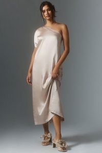 Porridge One-Shoulder Dress in Neutral – satin asymmetric neckline dresses – silky luxe style occasion clothes