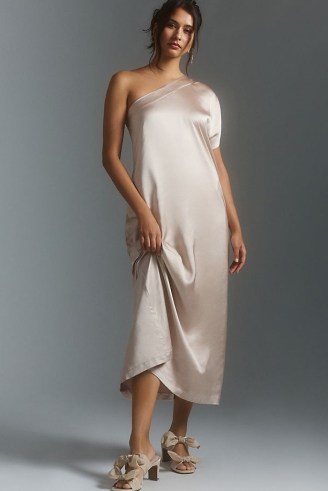 Porridge One-Shoulder Dress in Neutral – satin asymmetric neckline dresses – silky luxe style occasion clothes - flipped