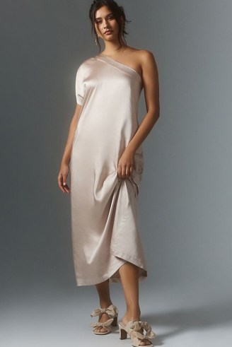 Porridge One-Shoulder Dress in Neutral – satin asymmetric neckline dresses – silky luxe style occasion clothes