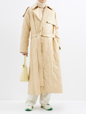 THE ROW Agathon quilted-leather trench coat in beige ~ womens long luxe tie waist coats ~ women’s luxury designer fashion ~ shoulder epaulettes ~ belted ~ oversized longline outerwear - flipped