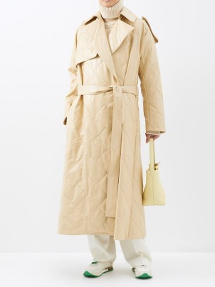 THE ROW Agathon quilted-leather trench coat in beige ~ womens long luxe tie waist coats ~ women’s luxury designer fashion ~ shoulder epaulettes ~ belted ~ oversized longline outerwear