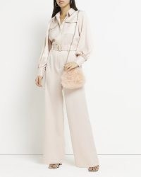 RIVER ISLAND BEIGE SATIN LONG SLEEVE JUMPSUIT ~ silky collared jumpsuits ~ 70s vintage style all-in-one