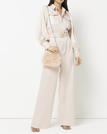 RIVER ISLAND BEIGE SATIN LONG SLEEVE JUMPSUIT ~ silky collared jumpsuits ~ 70s vintage style all-in-one - flipped