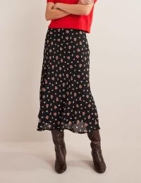 Boden Bias-cut Printed Midi Skirt in Black, Rose Pop | fluid floral print skirts | womens clothes | women’s fashion