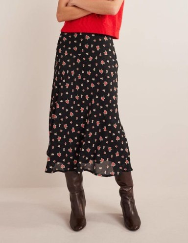 Boden Bias-cut Printed Midi Skirt in Black, Rose Pop | fluid floral print skirts | womens clothes | women’s fashion