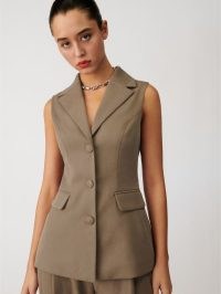 Reformation Billie Vest in Mushroom ~ women’s brown tone sleeveless collared tops ~ womens chic vests