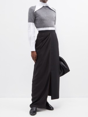 THE ROW Axel asymmetric wool skirt in black ~ contemporary drape detail maxi dresses - flipped