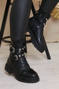 IN THE STYLE BLACK BUCKLE DETAIL BIKER BOOTS ~ womens buckled footwear ~ stud embellished straps ~ studded details