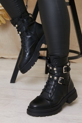 IN THE STYLE BLACK BUCKLE DETAIL BIKER BOOTS ~ womens buckled footwear ~ stud embellished straps ~ studded details - flipped