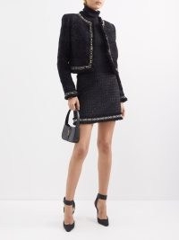 VERSACE Checked-tweed Lurex mini skirt in black ~ studded metallic fibre skirts