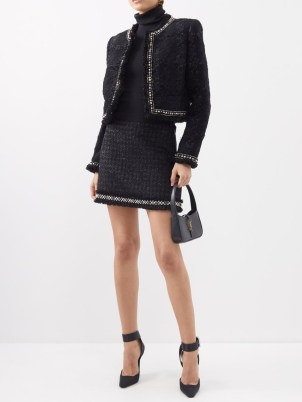 VERSACE Checked-tweed Lurex mini skirt in black ~ studded metallic fibre skirts - flipped