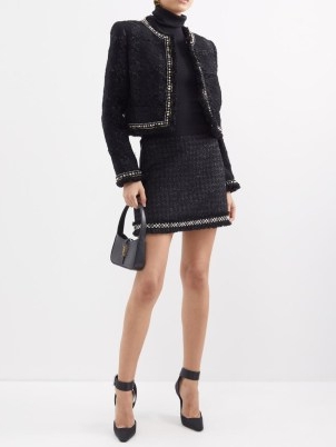 VERSACE Checked-tweed Lurex mini skirt in black ~ studded metallic fibre skirts