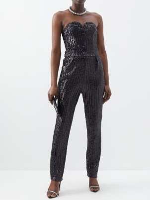 BLAZÉ MILANO Clyde sequinned jumpsuit in black / strapless sweetheart neckline jumpsuits / sequin covered occasion fashion / glamorous all-in-one party clothes - flipped