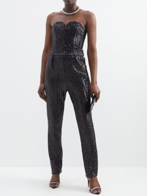 BLAZÉ MILANO Clyde sequinned jumpsuit in black / strapless sweetheart neckline jumpsuits / sequin covered occasion fashion / glamorous all-in-one party clothes