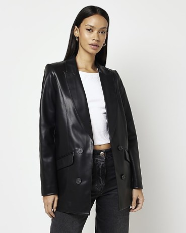 RIVER ISLAND BLACK FAUX LEATHER BLAZER – womens fake leather jackets – on-trend blazers - flipped