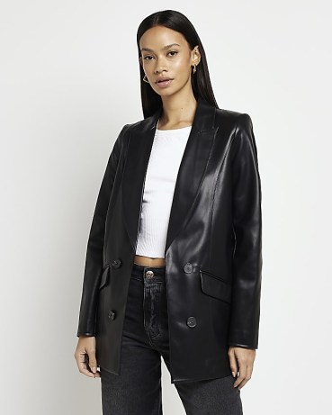 RIVER ISLAND BLACK FAUX LEATHER BLAZER – womens fake leather jackets – on-trend blazers
