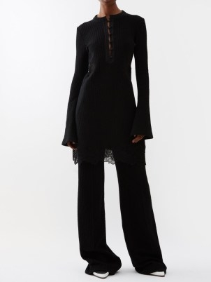 CHLOÉ Lace-hem ribbed-knit mini dress in black ~ dresses with a semi sheer hemline - flipped