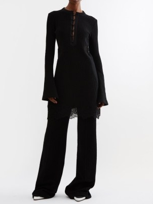 CHLOÉ Lace-hem ribbed-knit mini dress in black ~ dresses with a semi sheer hemline