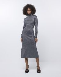 River Island BLACK METALLIC KNIT LONG SLEEVE MIDI DRESS | knitted long sleeved high neck dresses | shimmering knits | on-trend knitwear fashion