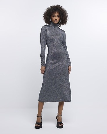 River Island BLACK METALLIC KNIT LONG SLEEVE MIDI DRESS | knitted long sleeved high neck dresses | shimmering knits | on-trend knitwear fashion - flipped