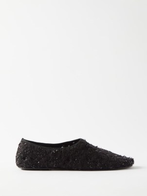 THE ROW Ozzy embroidered lurex flats in black / textured metallic thread flat shoes / women’s designer footwear - flipped