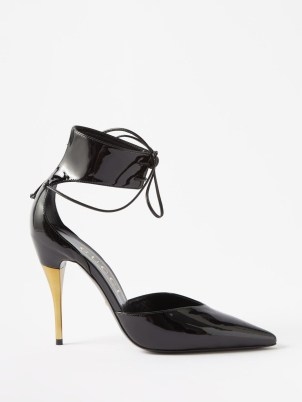 GUCCI Priscilla 105 patent-leather sandals in black / glossy high heels / shiny stiletto heel shoes / wide lace up ankle cuff - flipped