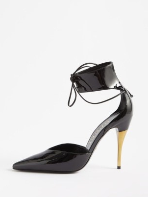 GUCCI Priscilla 105 patent-leather sandals in black / glossy high heels / shiny stiletto heel shoes / wide lace up ankle cuff