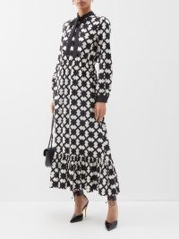 GUCCI Rhombus tile-print silk-twill maxi dress in black – monochrome printed maxi dresses – clothing with a ladylike sensibility – tile prints – pussy bow neck – tiered hem