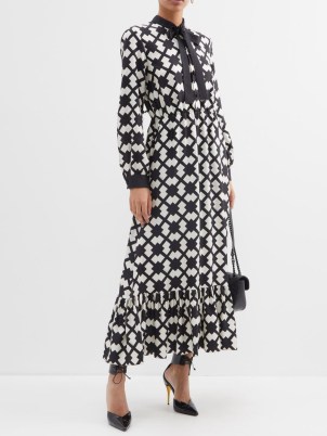GUCCI Rhombus tile-print silk-twill maxi dress in black – monochrome printed maxi dresses – clothing with a ladylike sensibility – tile prints – pussy bow neck – tiered hem - flipped