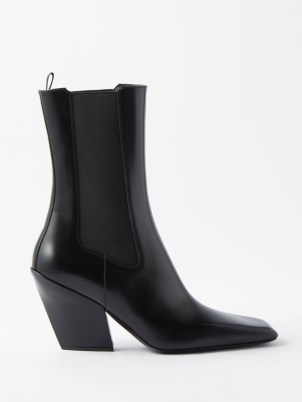 PRADA Stivaletto square-toe leather boots in black ~ womens angular block heel boot - flipped