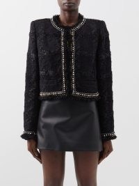 VERSACE Studded lurex-tweed cropped jacket in black ~ women’s textured metallic thread jackets ~ stud embellished trim