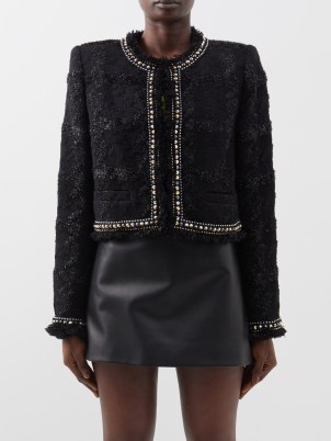 VERSACE Studded lurex-tweed cropped jacket in black ~ women’s textured metallic thread jackets ~ stud embellished trim