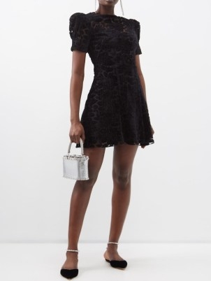 THE VAMPIRE’S WIFE The Night Sparrow floral-devoré mini dress in black – puffed sleeve LBD – semi sheer occasion dresses – luxe evening event fashion - flipped