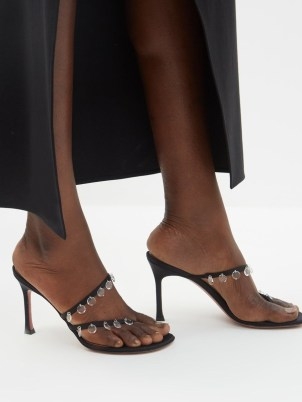 AMINA MUADDI Tina 90 crystal-charm silk-satin mules in black / strappy embellished evening mule sandals - flipped