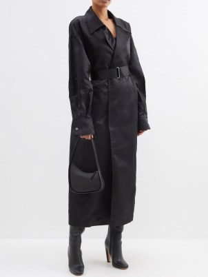 SA SU PHI Valentina belted silk-satin trench coat in black | women’s luxe silky longline coats | womens luxury clothing - flipped