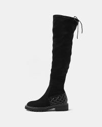 RIVER ISLAND BLACK WIDE FIT OVER THE KNEE HIGH BOOTS ~ womens faux suede footwear ~ quilted detail