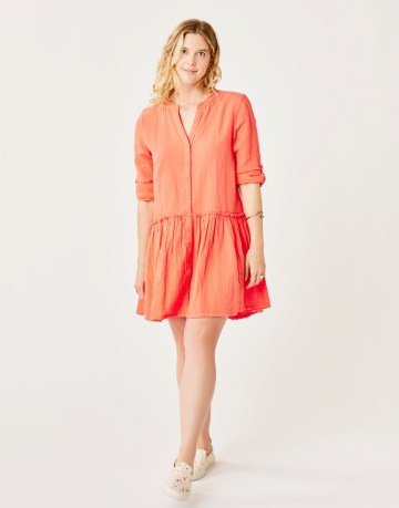 CARVE DESIGNS Blair Dress: Sunset in Sunset / womens organic cotton fashion / collarless button down ruffle trim dresses