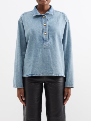 NILI LOTAN Harper denim blouse in blue | casual collared pullover blouses - flipped