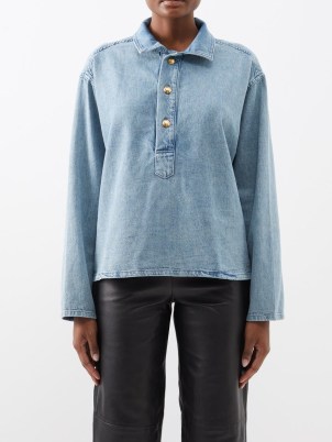 NILI LOTAN Harper denim blouse in blue | casual collared pullover blouses
