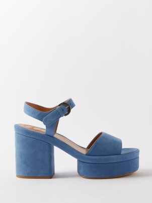 CHLOÉ Odina 65 suede platform sandals in blue / vintage style block heel platforms - flipped