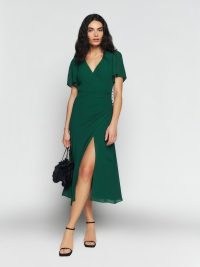 Reformation Breanna Dress in Emerald ~ green flutter sleeve wrap dresses ~ ruched detail