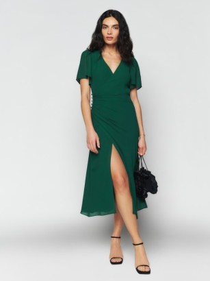 Reformation Breanna Dress in Emerald ~ green flutter sleeve wrap dresses ~ ruched detail - flipped