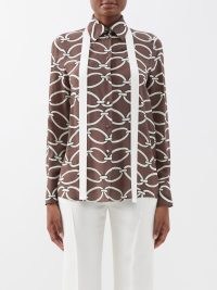 VALENTINO Chain-print silk crepe de Chine shirt in brown ~ womens printed designer shirts ~ vintage prints